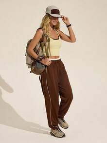 Exploreva Quần nỉ thể thao nữ dáng rộng có dây rút ở eo và túi, thích hợp mặc ngoài trời. - Cà phê nâu - Xem 6