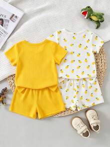 SHEIN Playful Pals 6pcs/Set Newborn Baby Boy Basic Round Neck Elastic Waist Cute Animal Print & Striped Short Sleeve T-Shirt And Shorts Set, Summer - Yellow - View 3