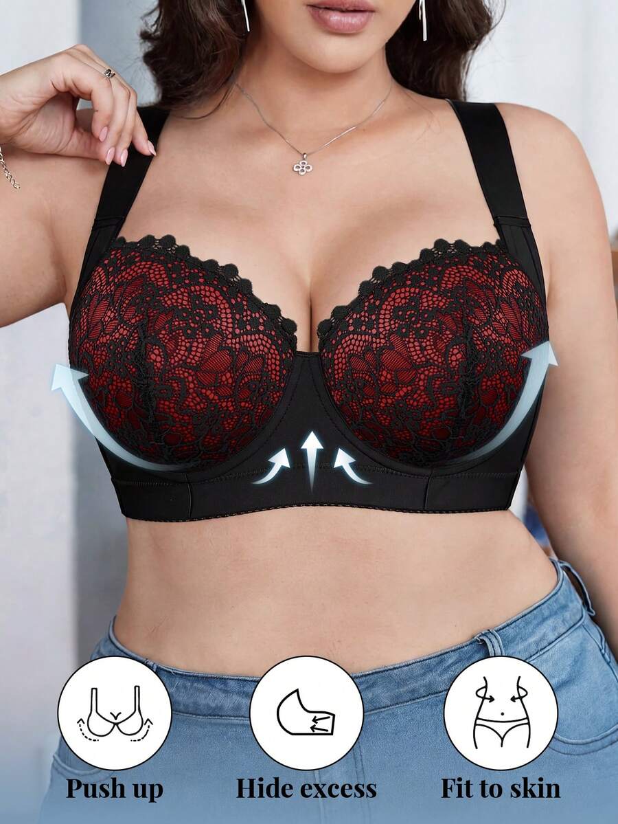 DesireSculpt 1pc Plus Size Lace Patchwork Comfortable Seamless Wireless Adjustable Supportive Bra - Multicolor - View 1
