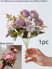 1支/3支浪漫玫瑰牡丹花束仿真花手持插花，适用于婚礼/家居/卧室/客厅/餐桌装饰/新娘捧花 - 紫色 - 查看 11