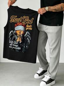 Manfinity LEGND Camiseta de tirantes negra para hombre, gráfico vintage de ángel rezando, texto desgastado de versículo bíblico Confía en Dios, estilo grunge americano, verano, casual, streetwear, escapada urbana, vacaciones - Negro - Ver 5