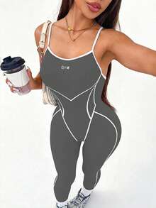 Slayform Slayform Contrast Trim Letter Print Tight Jumpsuit - Grey - View 2