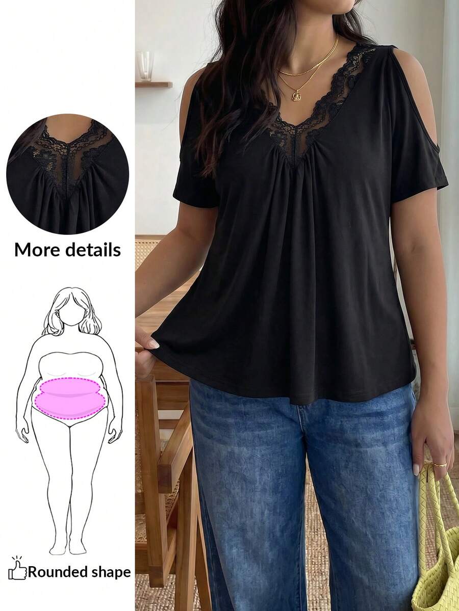Enliva Áo thun Plus size Tương phản ren Cắt ra màu trơn Giải trí