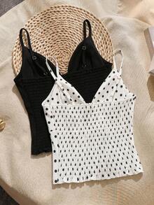 SHEIN Franclia 2件組夏季優雅白色波點與黑色細肩帶背心上衣，純棉可調節後背，適合度假海灘度假村休閒、辦公通勤 - 彩色 - 查看 3