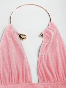 SHEIN Sweetro Áo hai dây choker xếp ly, bóng bẩy, khoét sâu lưng, gợi cảm dành cho nữ, kiểu dáng thời trang, tôn dáng, thích hợp cho tiệc tùng, mùa xuân/hè. - Hồng - Xem 4