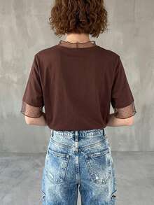 FRIFUL Women's Casual Loose Sheer Mesh Solid Color T-Shirt, Versatile For Spring And Summer - Brown - View 2