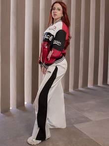 FER DURAN FER DURAN 女士秋季街头风 Blokecore 撞色字母图案印花棒球夹克，适合返校季穿着 - 黑色 - 查看 6