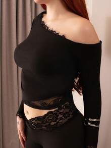 FER DURAN FER DURAN Sexy Lace Patchwork Asymmetric Shoulder Slim Fit Pullover Top With Asymmetrical Hem, Stylish Design For Women, Autumn/Winter - Black - View 3