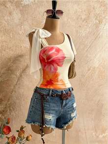 SHEIN Franclia Áo thun nữ dáng ôm, thắt nơ, vai ngắn, họa tiết da báo, phong cách Y2K. - Màu be - Xem 3