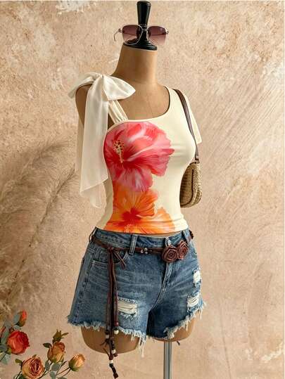 SHEIN Franclia Leopard Print Tie-Up Slim Fit Cropped Shoulder T-Shirt For Women, Y2K Style