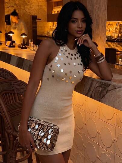 Selianne Women's Elegant Delicate Music Festival Midi Knitwear Mini Sexy Halter Beaded Bodycon Sweater Dress For Wedding Holiday