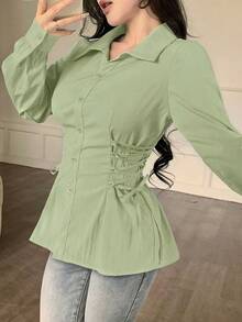 Modelyn Áo sơ mi nữ dài tay màu trơn có dây rút, kiểu dáng thời trang. - màu xanh lá - Xem 4