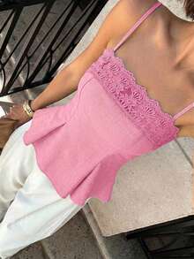 Mirada de sirena 2026 Nueva camiseta de mujer con ribete de encaje, top corto y sexy sin tirantes con ribete de encaje, top con cuello de encaje, top de mujer de cuello cuadrado, top de ganchillo, top de encaje de mujer, camiseta casual de verano de color albaricoque sólido minimalista, top de campesina de encaje crema, top de tirantes, top con volante y ribete de encaje, blusa de estilo francés, blusa para mujer elegante y clásica, blusas y tops de mujer para el verano - Rosa - Ver 6