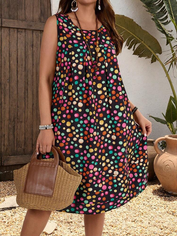 Plus Size Women Polka Dot Print Round Neck Sleeveless Vacation Dress,Vacation Outfits Woman Summer Outfits For Women Office Wear, Vacation Outfits Woman, Summer Outfits For Women Festival Boho,Holiday Outfit