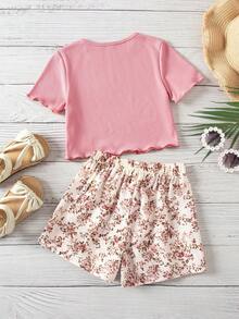 SHEIN 2件套女童纯色圆领短袖T恤搭配碎花短裤套装，适合青少年女孩夏季穿着，春季女童夏季服装，碎花短裤套装，可爱夏季服装，粉色罗纹上衣搭配碎花短裤两件套，休闲夏季服装，荷叶边短袖露脐上衣搭配碎花松紧腰短裤套装 - 白色 - 查看 4