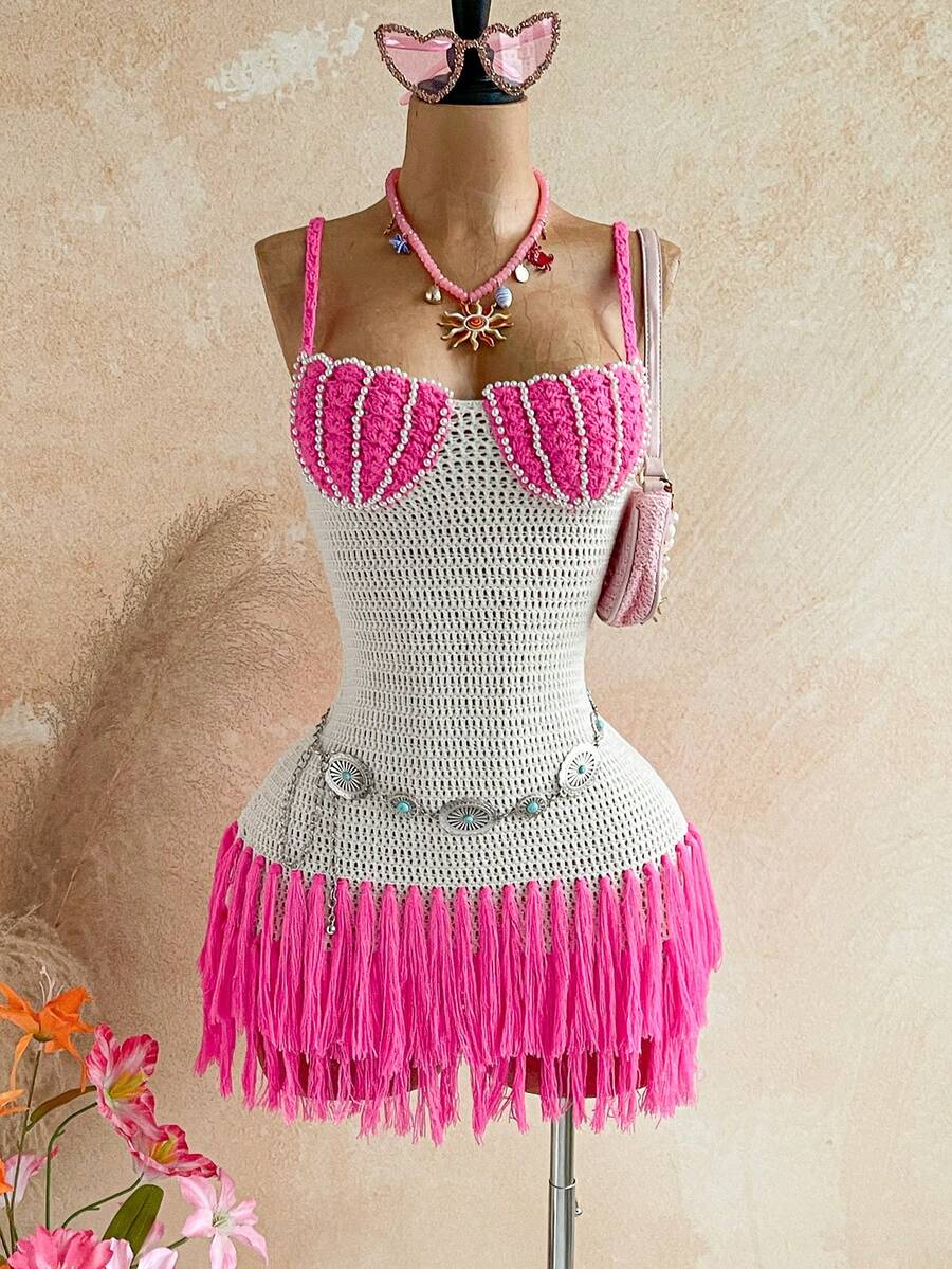 Soleia Vestido mini ajustado con tirantes de espagueti, bajo con flecos y con forma de concha, bohemio, apropiado para vacaciones y citas de San Valentín en primavera/verano - Multicolor - Ver 1