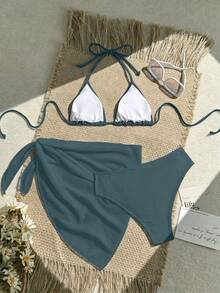 SHEIN Swim Vcay Bộ bikini 3 mảnh gợi cảm buộc dây cổ màu trơn dành cho nữ mùa hè, kèm áo khoác ngoài và váy. - Màu xám đen - Xem 2