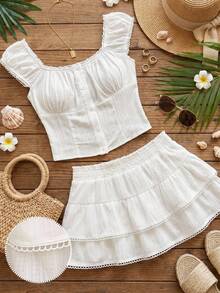 SHEIN EZwear White Woven Women's Single-Breasted Raglan Casual Cute Shirt And Mini Skirt Set Vacation Summer - White - View 10
