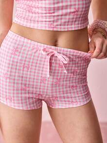 Bonmuse Pink Plaid Bow Print Decor White Button Casual Fashionable Slim Fit Pajama Setfor Summer - Pink - View 7