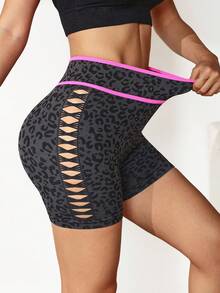 Slayform Slayform Women's Leopard Print Side Cutout Sports Shorts - Black - View 5