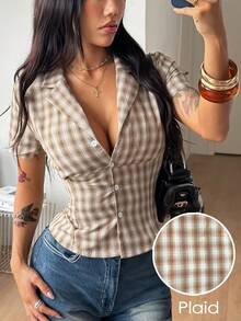 Coolane Women's Plaid Summer Vintage Sexy Everyday Short Sleeve Top, Button Down Fitted Lapel Collar Blouse, Casual Country Style Golf White - Camel - View 1