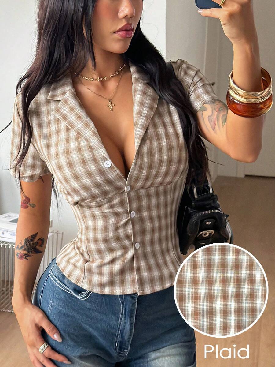Coolane Women's Plaid Summer Vintage Sexy Everyday Short Sleeve Top, Button Down Fitted Lapel Collar Blouse, Casual Country Style Golf White - Camel - View 1