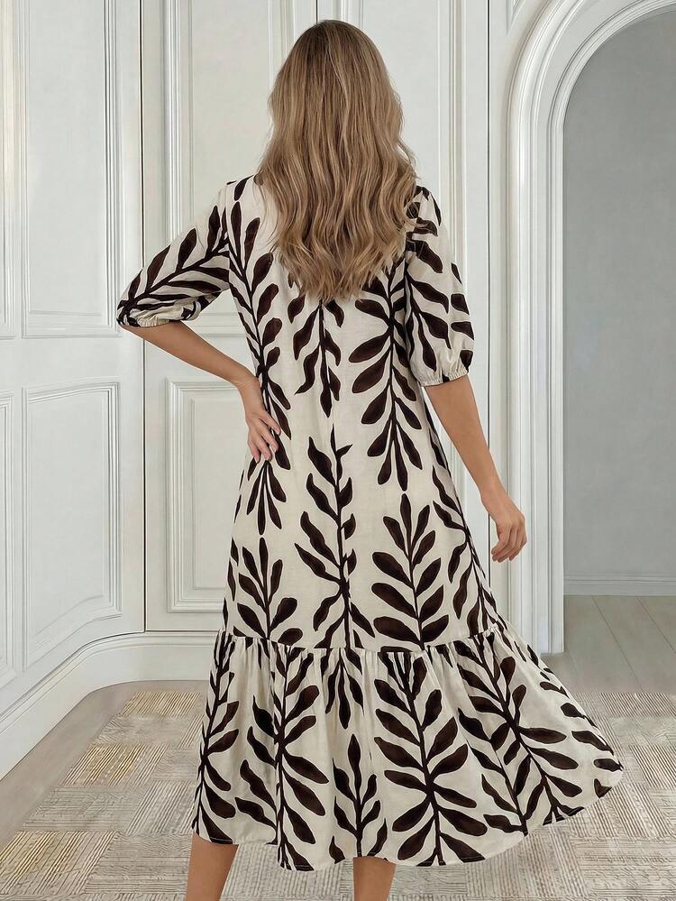 Women's V-Neck Brushed Print Casual Dress, Khaki Color, Spring/Summer, Midi Length Short Sleeve Dress, Suitable For Daily Wear, Vacation, Teacher Outfit, Mother's Day Gift