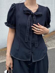 FRIFUL 女款前綁帶短澎袖鈕扣襯衫搭配寬腿牛仔褲休閒優雅套裝，海軍藍，適合夏季早午餐 - 藍色 - 查看 6