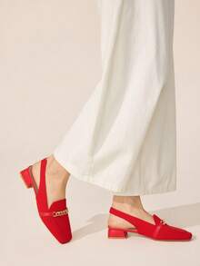 CUCCOO BASICS Women's Shoes Fashionable Red Metal Chain Decoration Back Strap Square Toe Low Heel Shoes Suitable For Commuting Dating Vacation Party Party And Other Occasions To Wear - Red 1 - View 9
