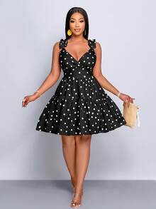 SOLERSUN Plus-Size Women Black And White Polka Dot Mini Dress,Summer 70's Elegant V-Neck Ruffled Multi-Layered Hem Loose Casual Party Vacation Sun Dress - Black - View 4