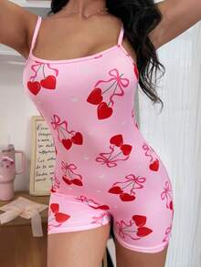 SweetSlumber Cute Y2K Cute Graphic Style Cherry Print Playful Adorable Short Women Pajama Jumpsuit Sleep Pink Summer - Pink - View 4