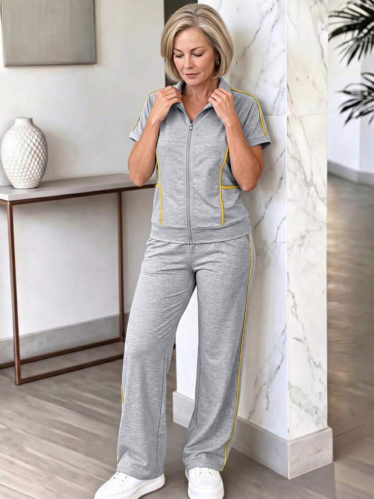 Middle-Aged & Elderly Women's Patchwork Zip-Up Short Sleeve Top And Pants Casual Daily Suit