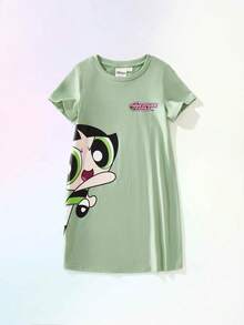 THE POWERPUFF GIRLS X SHEIN Maija Kids Đầm dệt kim mềm mại cổ tròn tay ngắn họa tiết hoạt hình cho bé gái - màu xanh lá - Xem 3