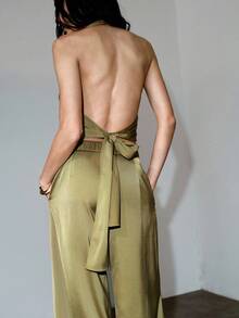 MOTF PREMIUM TOP CORTO ACANALADO CON CUELLO DRAPEADO Y ESPALDA DESCUBIERTA, PRIMAVERA/VERANO - Verde Oliva - Ver 3