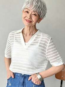 DAZY 女士宽松薄纱纹理 Polo 领短袖上衣，夏季 - 白色 - 查看 2