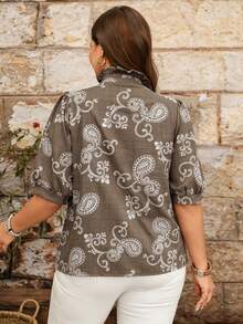 Linhara Plus Size Linen-Feel Embroidered Casual Short Sleeve Blouse For Women, Spring/Summer - Coffee Brown - View 2