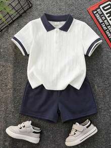 SHEIN 2件套婴儿撞色POLO领短袖套头衫和松紧腰短裤套装 - 彩色 - 查看 11