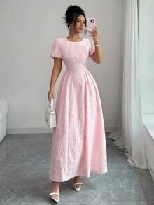 Elenzga Đầm nữ mùa xuân/hè thanh lịch kiểu Pháp mới, thích hợp đi nghỉ mát, đi làm, dự tiệc hàng ngày, chất liệu cao cấp, cổ tròn, dáng chữ A, tay dài, màu hồng. - Hồng - Xem 6