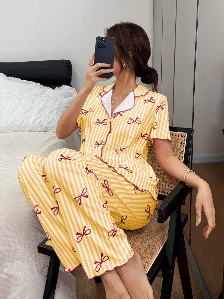 Napfluff 条纹蝴蝶结印花撞色滚边女士睡衣套装 - 黃色 - 查看 1