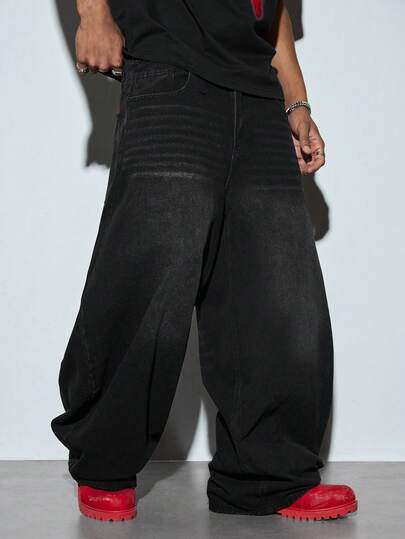 Modcrash 1pc Justice Brother Japanese Streetwear Brand Men's Unique Embroidered Design Black Denim Jeans, Casual Loose Wide Leg Pants, Versatile For All Seasons (Belt And Accessories Not Included)