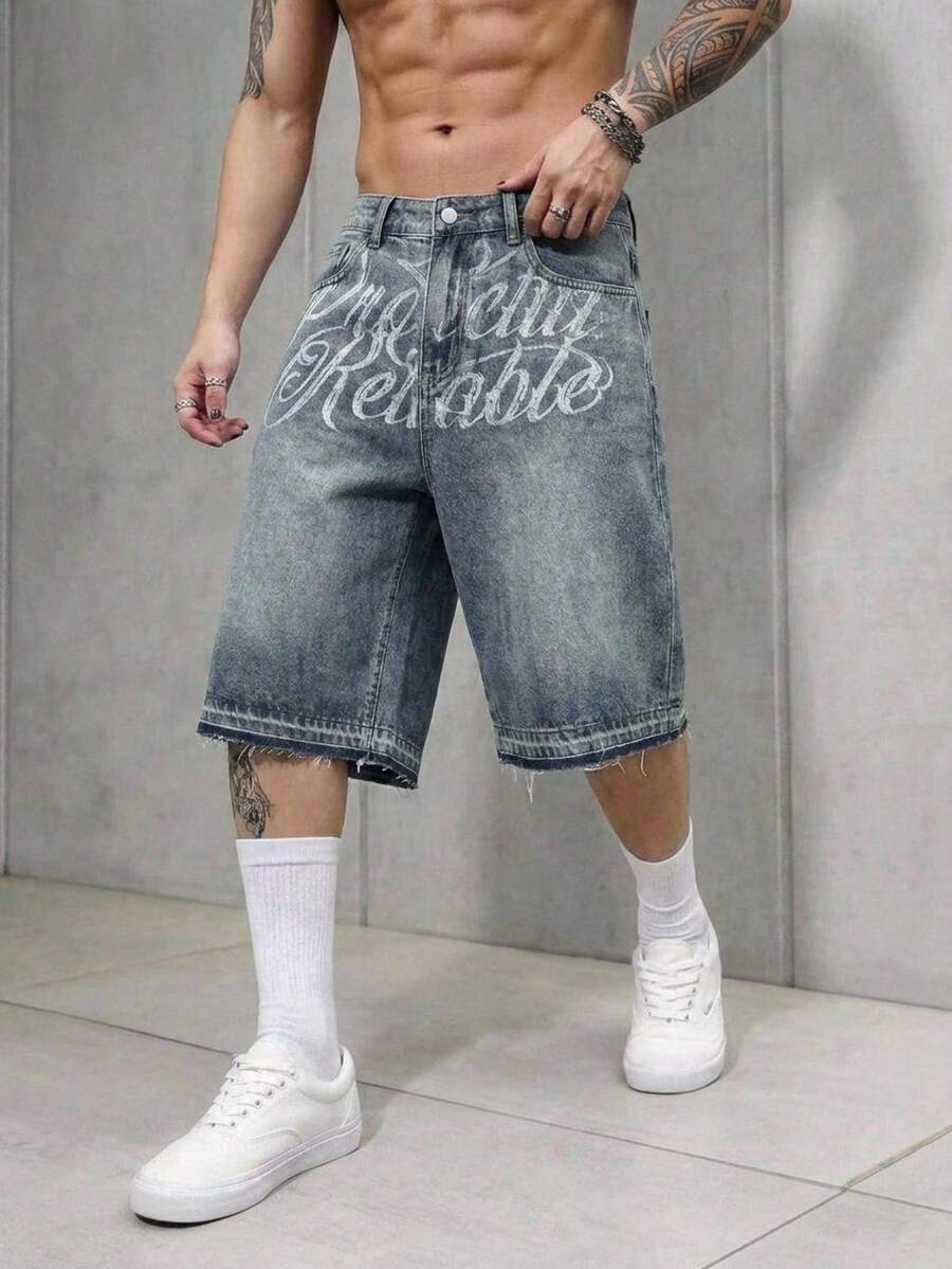 AXEPEAK Pantalones cortos de mezclilla lavada con bordado para hombres, de moda