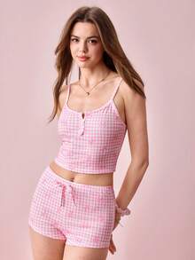 Bonmuse Pink Plaid Bow Print Decor White Button Casual Fashionable Slim Fit Pajama Setfor Summer - Pink - View 9