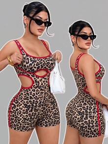 SHEIN SXY 性感豹纹镂空撞色滚边紧身连体裤，夏季 - 彩色 - 查看 4