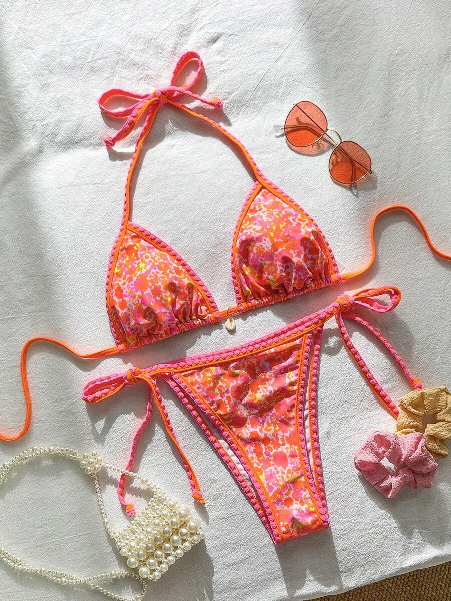 Swim Mod Bộ bikini hai mảnh nữ in họa tiết ngẫu nhiên, dây đeo bèo nhún, buộc dây phía trước, thích hợp cho mùa xuân/hè. - Nhiều màu - Xem 1