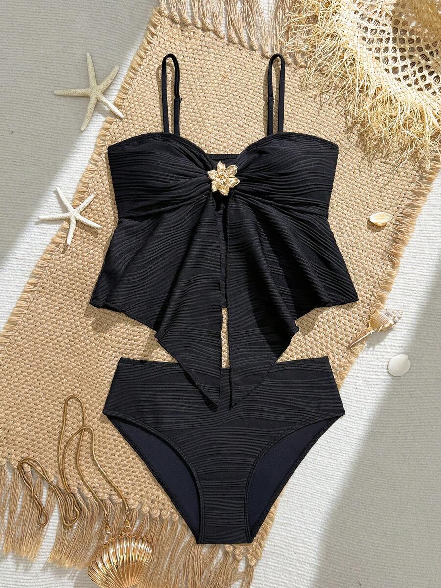 SHEIN Bộ bikini hai mảnh màu đen dành cho nữ tuổi teen, đồ bơi đi nghỉ mát cho nữ tuổi teen, mùa xuân/hè. - màu đen - Xem 1