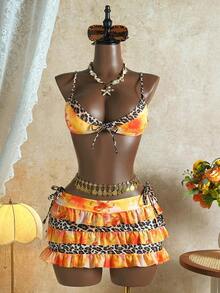 Vaytide Bộ bikini đi biển gợi cảm họa tiết da báo dành cho nữ, váy ngắn xếp ly, đồ bơi in họa tiết, thích hợp cho mùa xuân/hè, bộ 3 món bikini họa tiết động vật màu vàng. - Nhiều màu - Xem 5