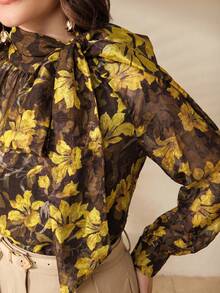 Anewsta Women's Autumn Mandarin Collar Vintage Textured Chiffon Fabric Floral Print Elegant Long Sleeve Blouse Brunch Black - Black - View 3