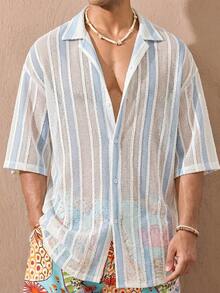HIMLAND Men's Casual Striped Front Button Short Sleeve Shirt, Summer - Multicolor - View 1