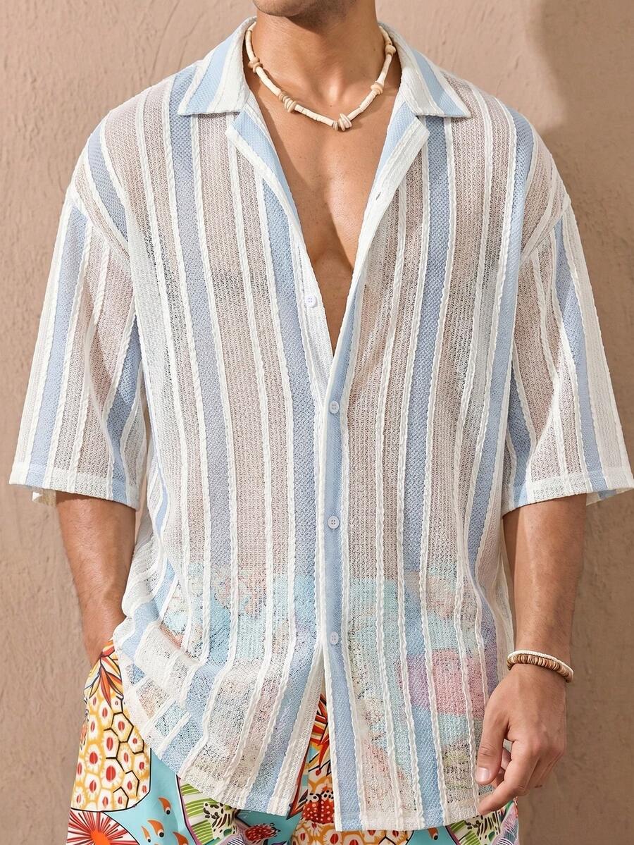 HIMLAND Men's Casual Striped Front Button Short Sleeve Shirt, Summer - Multicolor - View 1