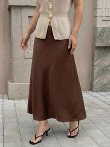 Dripcurv Falda elegante de talla grande de unicolor, adecuada para ir al trabajo en verano - Café integral - Ver 5